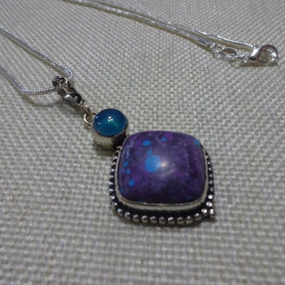 Unique MOSAIC JASPER & BLUE CHALCEDONY Handmade Sterling 925 Pendant/Chain #628C - Picture 3 of 3